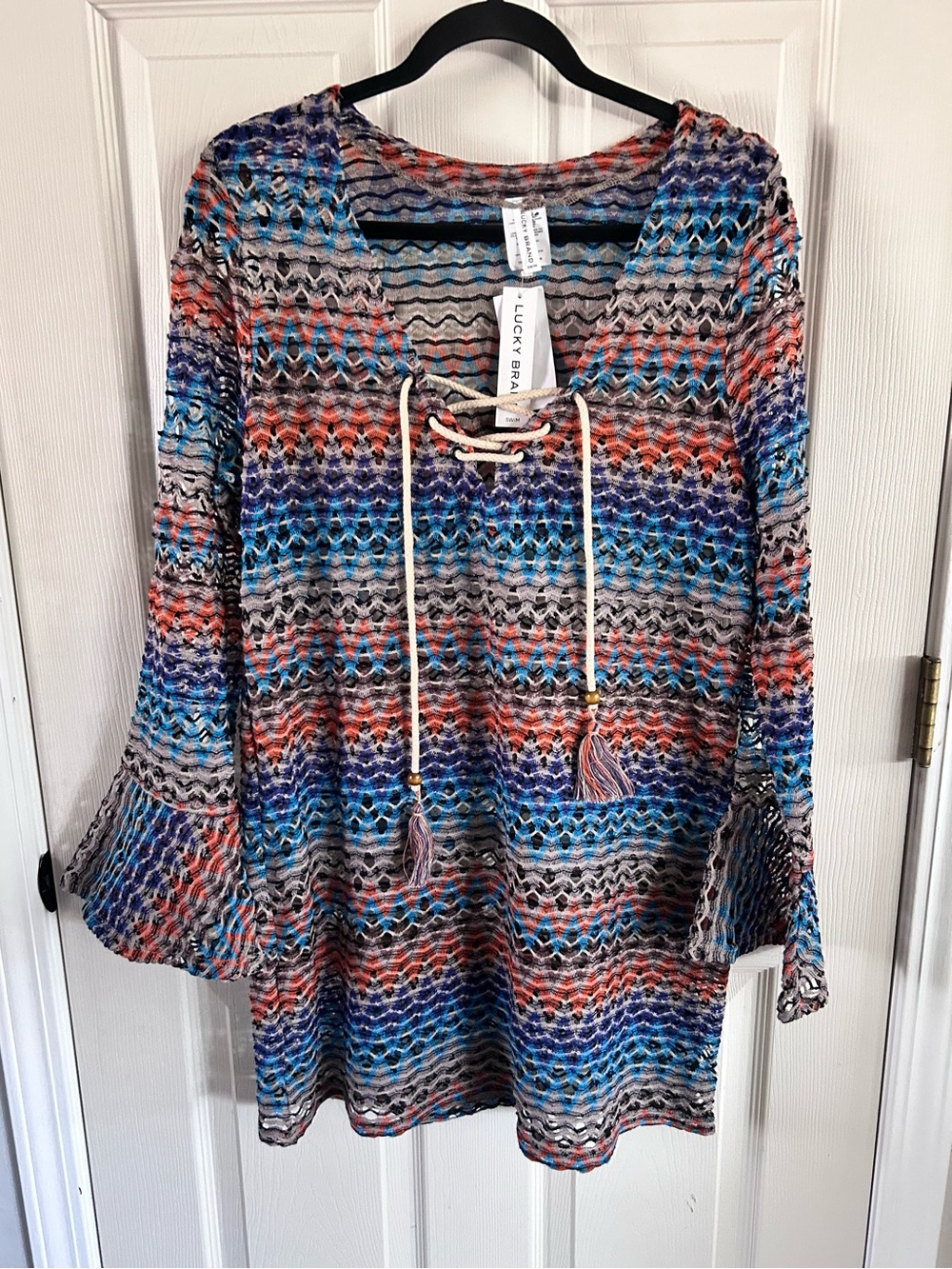 Lucky Brand Colorful Open Knit Lace-Up Swim Coverup Tassels Beach Swim Tunic Lg